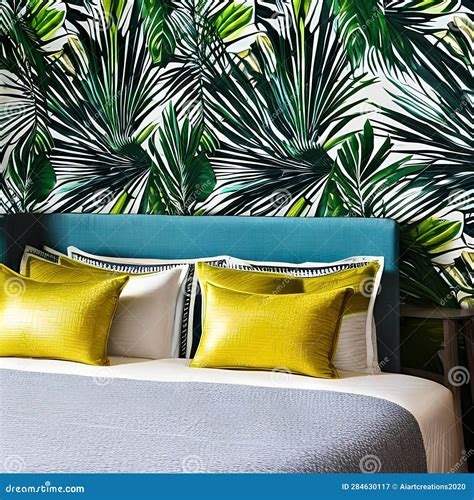 A Tropical-themed Bedroom with Palm Leaf Wallpaper, Bamboo Furniture ...