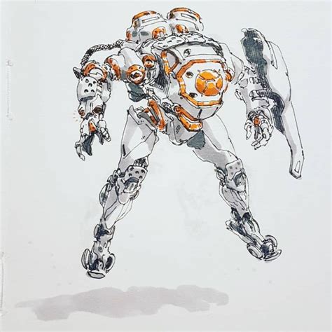 A Drawing Of A Robot With Orange Accents