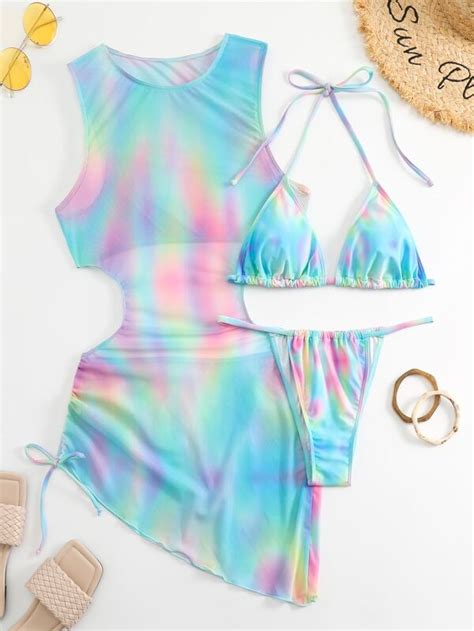 Shein Swim Vcay Tie Dye Bikini Set Halter Triangle Bra Thong