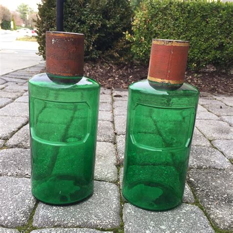 Th Century Pair Of French Hand Blown Green Glass Apothecary Jars