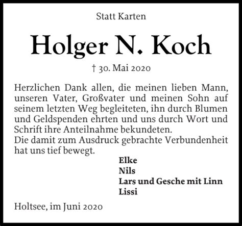 Traueranzeigen Von Holger N Koch Sh Z Trauer