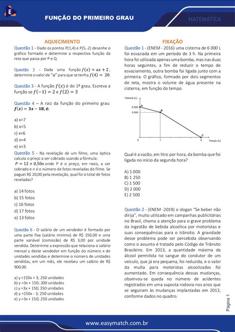 EXERCÍCIOS FUNÇÃO AFIM EASYMATCH yago marques Página 1 6 PDF