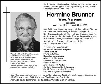 Traueranzeigen Von Hermine Brunner Trauer Bz