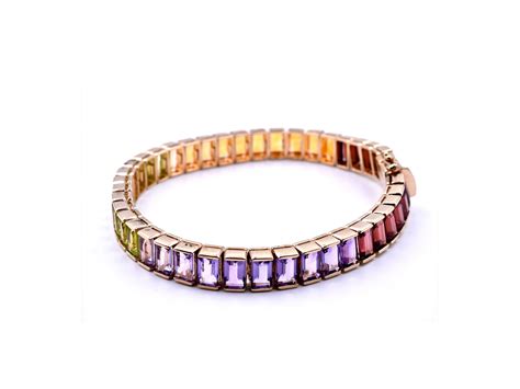 Karat Yellow Gold Rainbow Multi Gemstone Tennis Bracelet For Sale At