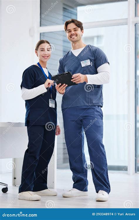 Portrait Doctor And Nurse With Tablet In Hospital Healthcare And Teamwork With Smile In Office