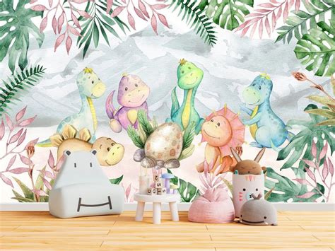 Cute Dinosaur Wallpaper for Baby Nursery Removable / Large Jurassic ...