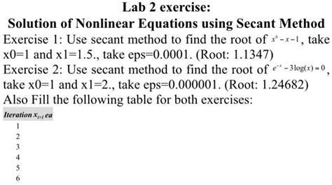 Solved Lab 2 Exercise Solution Of Nonlinear Equations Using Secant