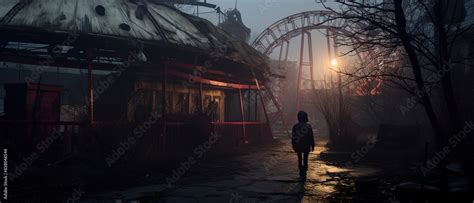 Nighttime Abandoned Amusement Park With Sanatorium Ferris Wheel And