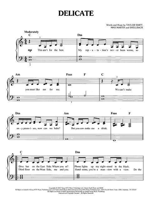 Delicate Sheet Music By Taylor Swift For Easy Piano Vocal Chords