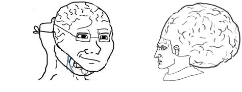 Small brain crying wojak, hiding behind smug big brain talking to ...