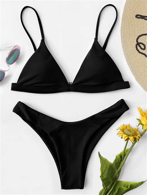 SHEIN Swim Summer Beach Solid Triangle High Cut Bikini Swimsuit SHEIN USA