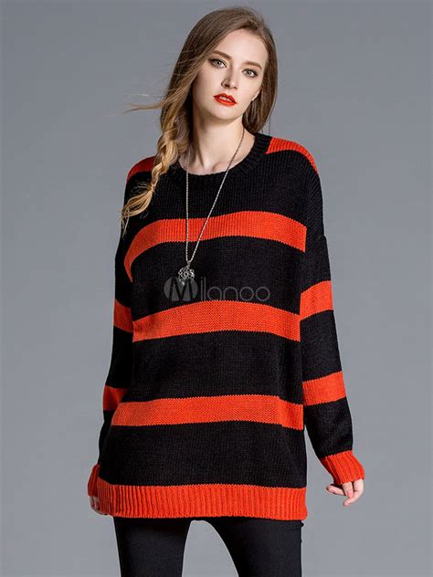 Womens Pullover Sweater Two Tone Striped Long Sleeve Split Oversized