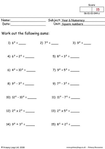 Square Numbers Worksheet