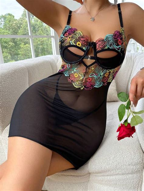 Flower Embroidered Sheer Mesh Sexy Lingerie Set Shein Usa