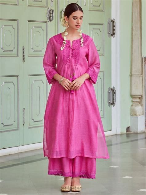 Buy Pink Embroidered Cotton Chanderi Kurta With Palazzo Set Of Cm