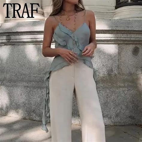 TRAF Ruffle Crop Top Women Sleeveless Transparent Top Streetwear