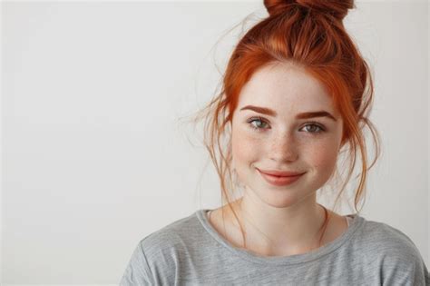 Premium Photo Joyful Ginger Girl With Red Hair In Bun On White Background