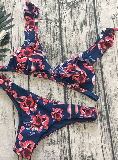 Mns Hawaiian Print Floral Bikini Set Navy Blue