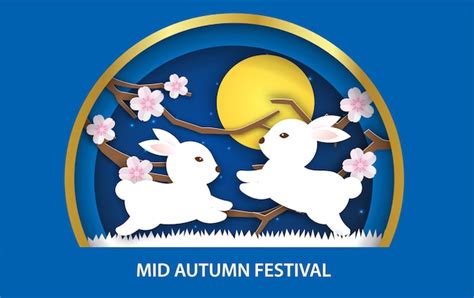 Premium Vector Mid Autumn Festival Banner With Cute Rabbits In Paper