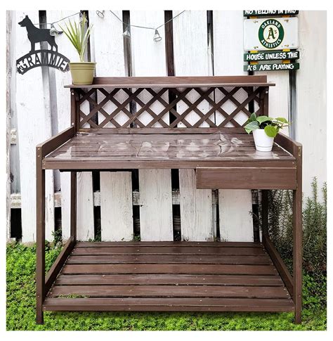 Outdoor Potting Bench Wooden Garden Workstation Table Wdrawer Open Shelf Lower Storage