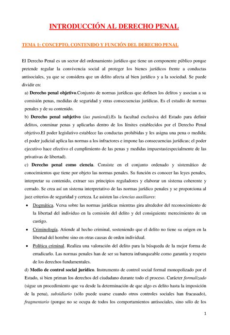 Penal Completos IntroducciÓn Al Derecho Penal Tema 1 Concepto Contenido Y FunciÓn Del