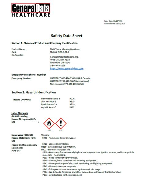 TMD-G Tissue Marking Dye, Green Safety Data Sheet | General Data