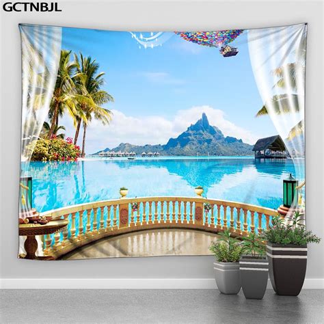 Ocean Theme Tapestry Faux Balcony Tropical Palm Tree Sea Dolphin