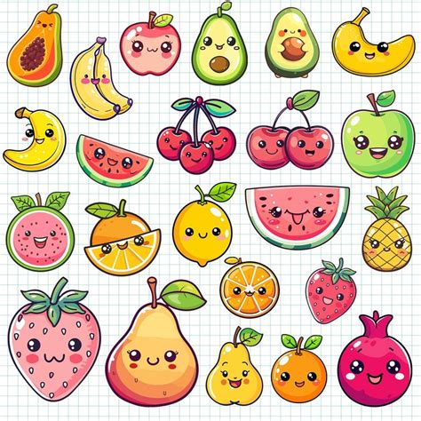 Kawaii Fruit Clipart Transparent PNG Bundle Set Cute Fruits Cartoon