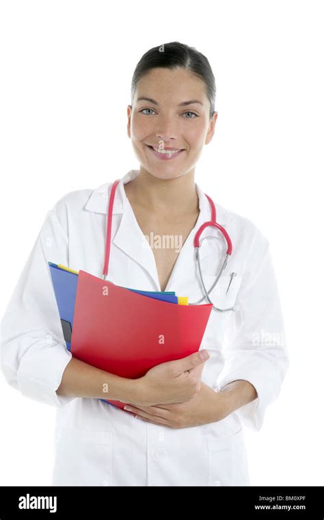 Beautiful Woman Doctor With Colorful Folders In Her Hands Stock Photo