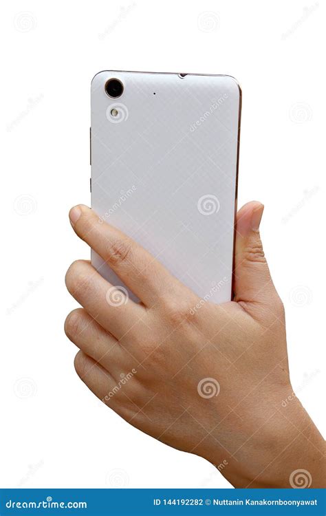 Asian Woman Hand Holding And Using Smart Phone Show Back Side Isolated