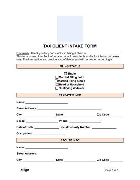 Free Tax Client Intake Form PDF Word