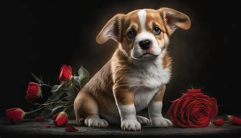 Lindo Perro Se Sienta Al Lado De Un Ramo De Rosas Rojas Foto Premium