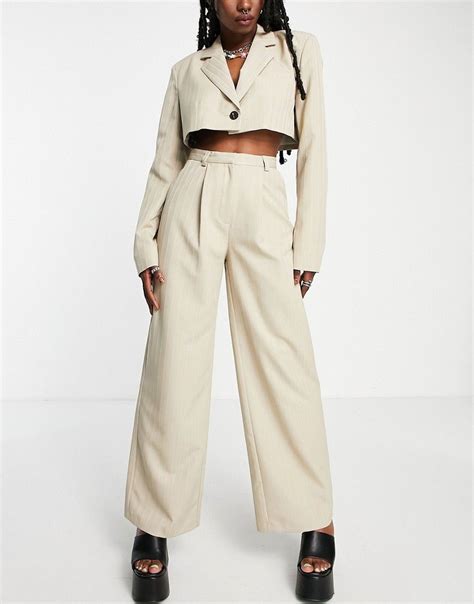 Collusion Wide Leg Pants With Deep Pleats In Neutral Stripe Part Of A