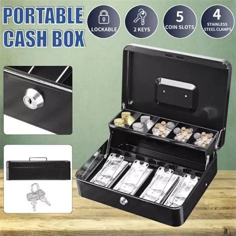 Black Metal Petty Cash Case Safe Money Box Drawer POS Cashier Box