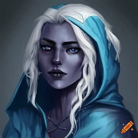 Female Hooded Drow With A Blue And White Robe White Hair Dungeons And