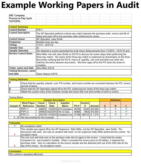 Sample Audit Working Papers Template Template Samples