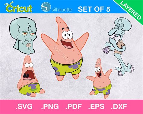 Spongebob Patrick And Squidward Set Of 5 Svg Spongebob Svg Etsy