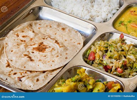 Traditional Indian Dish Thali Subji Rice And Chapati Bread Stock