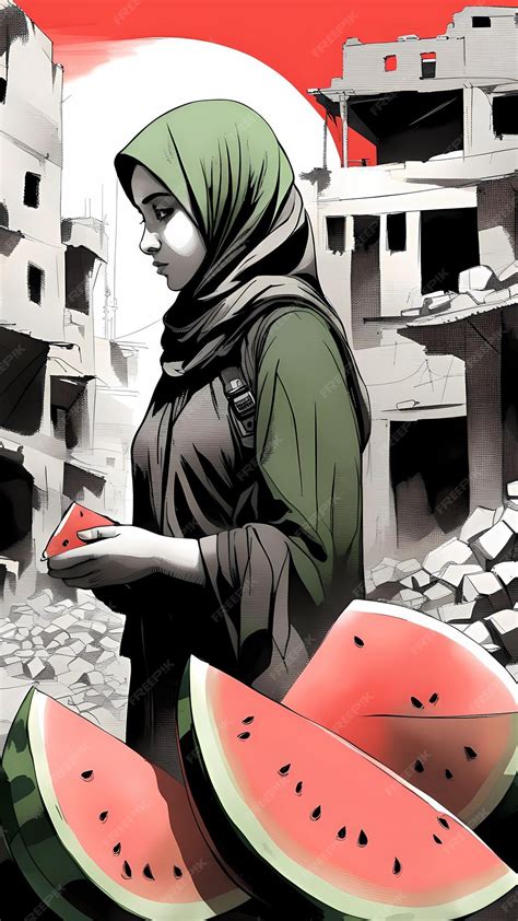 Premium Photo Palestinian Girl Wearing Hijab With Watermelon In Gaza Ruins