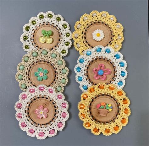 Crochet And Wood Refrigerator Magnets With Beads Gift Handmade Crochet