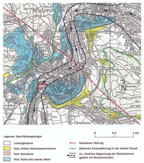 Geological map of the Rhine Falls region. The older Rhine Falls valley ...