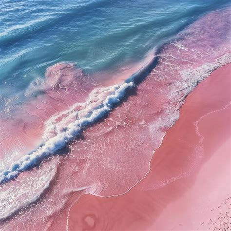 visual depicting  pink beach  waves birds eye view high definition