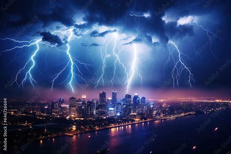 Lightning Storm Over A City Skyline At Night With Bright Flash Of