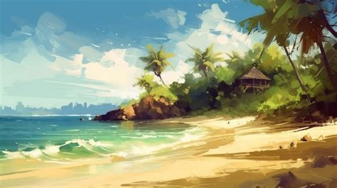 Premium AI Image | A beach scene with a beach and palm trees.