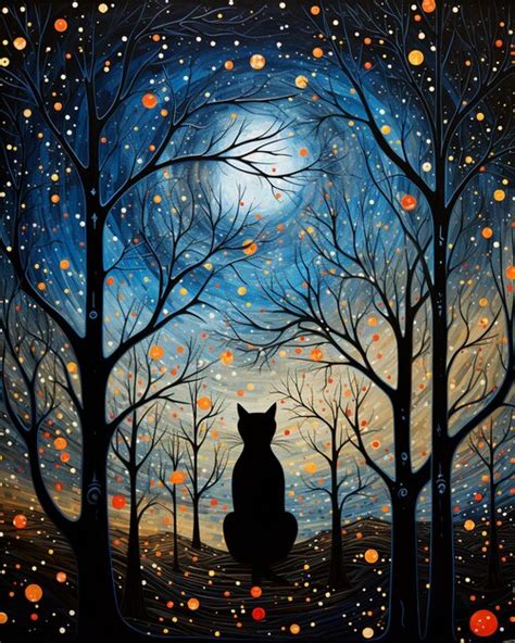 Pintura De Un Gato Sentado En Un Bosque Con Una Luna Llena Generativa