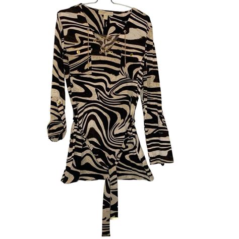 Michael Kors Zebra Print Dress Women Size M Belted Gold Chain Lace Up