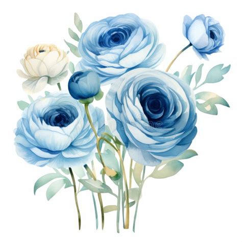 Contemporary Watercolor Clipart Blue Roses In Elegant Realism Stock