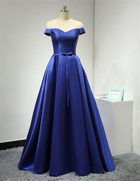 Royal Blue Satin Floor Length A Line Prom Dress Featuring Off Shoulder