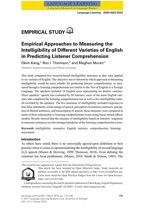 Pdf Empirical Approaches To Measuring The Intelligibility Of