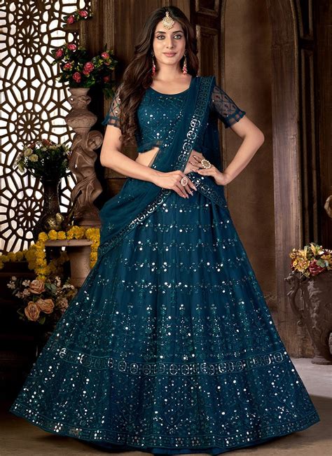 Shop Embroidery Teal Blue Net Lehenga Choli With Dupatta Party Wear